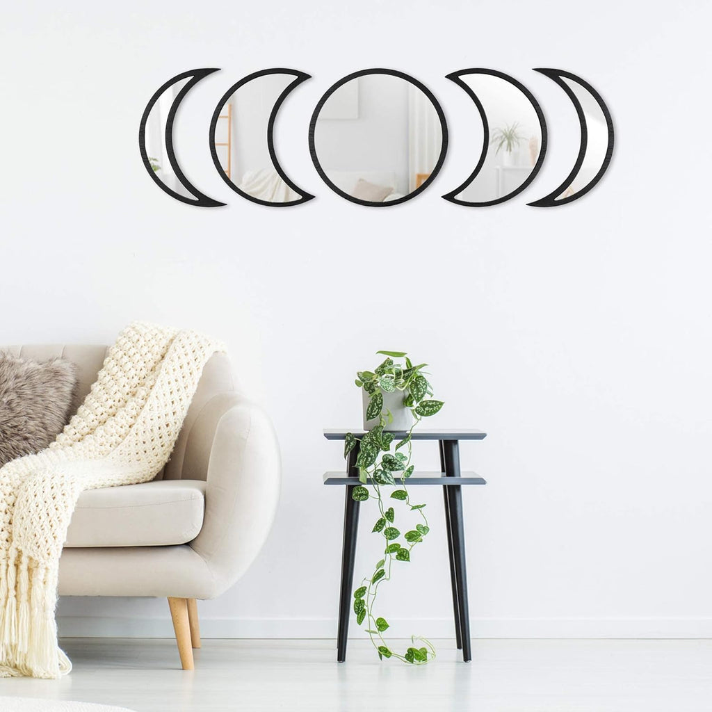 Scandinavian Moon Phase Mirror Set Glass Wood Frame Rustic White W285