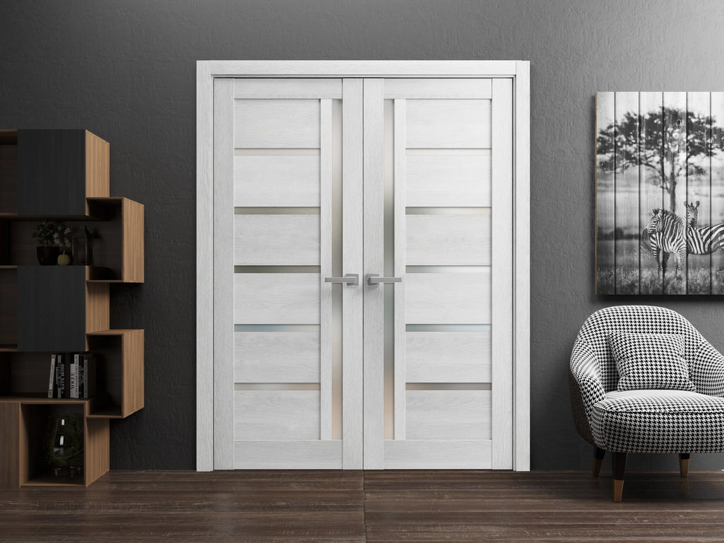 Solid French Double Doors 36 x 84 inches Light Grey Oak with Frosted Glass Wood Solid Panel Frame Trims M5500