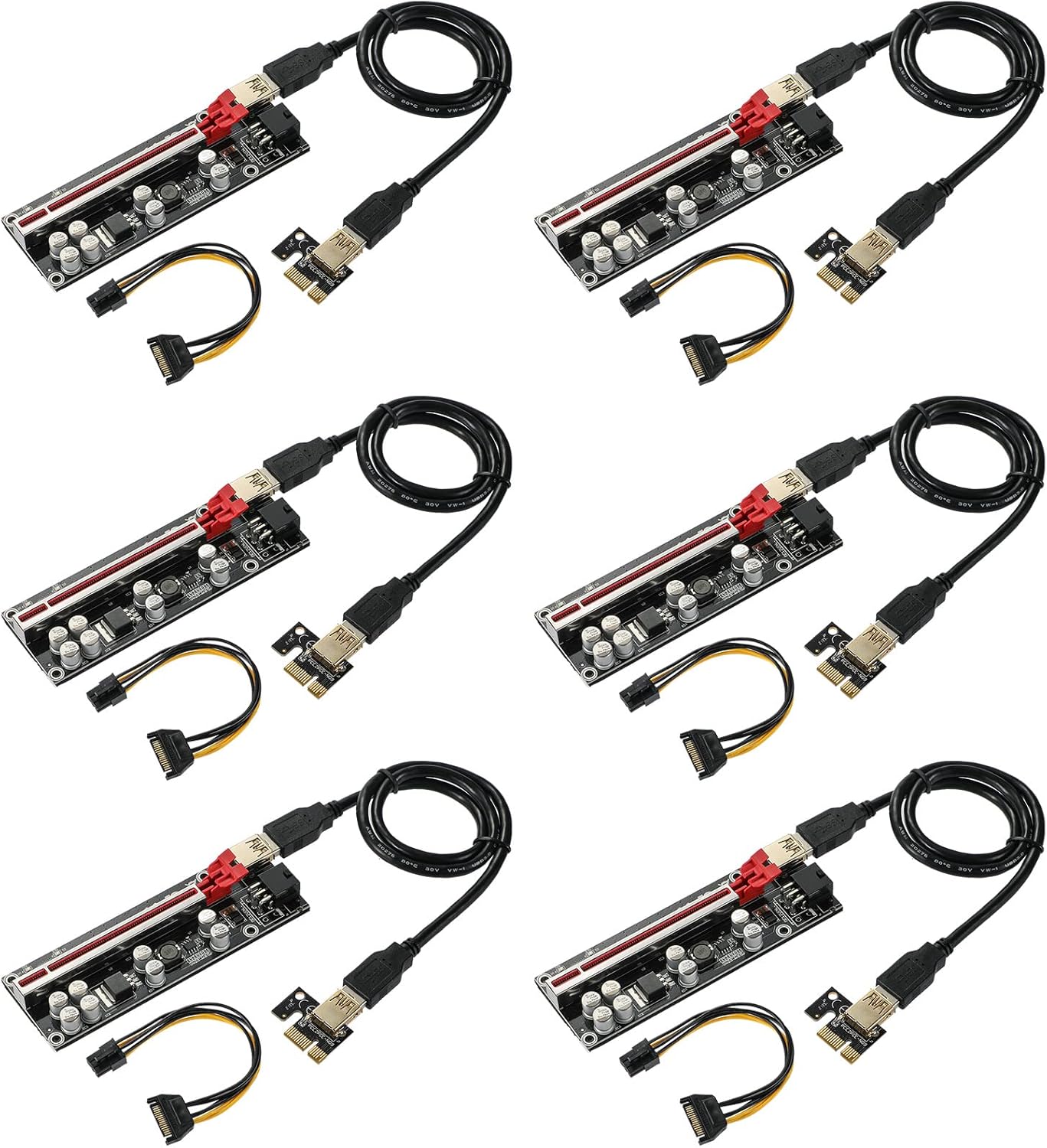 Red 6 PCS PCI-E 1X to 16X Riser Card with 6PIN SATA Power Cable L31529