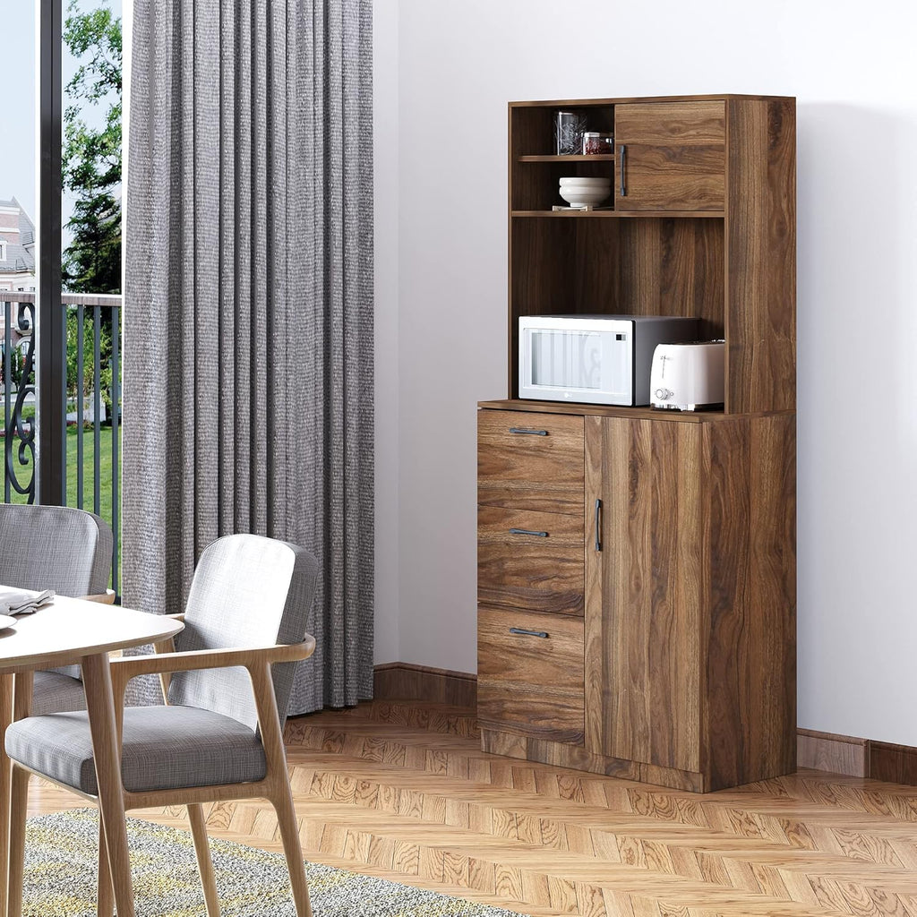 Walnut Kitchen Buffet Hutch with 3 Drawers and Sliding Door B675