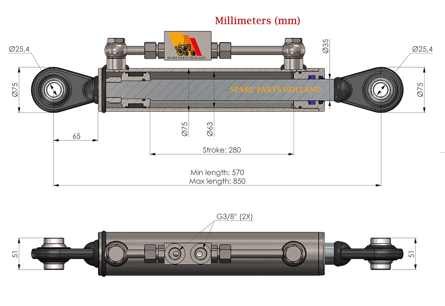 Hydraulic Top Link Cat. 2-2 with Locking Block 22 3/8” - 33 1/2 I84302