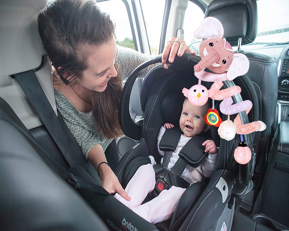 Pink Elephant Baby Car Seat Toys with Musical Owl Rattle V9453