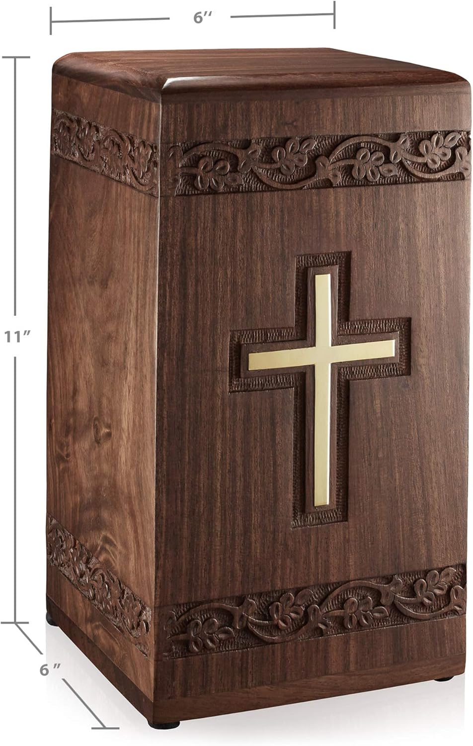 Rosewood Hand-Carved Urn Box with Solid Brass Cross, Velvet Bag W89844