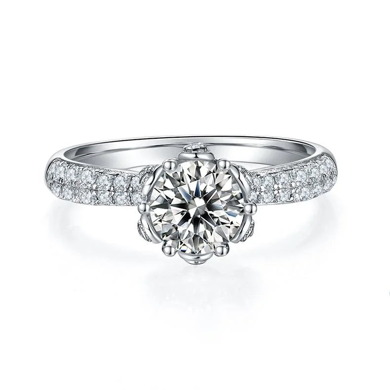1 Carat Round Cut Moissanite Engagement Ring In 18K White Gold Plating Over Silver E550