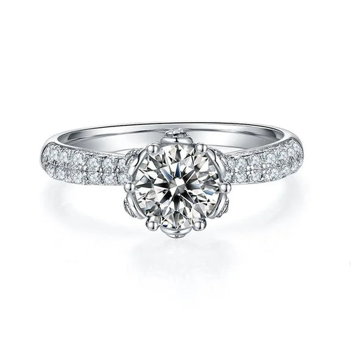 1 Carat Round Cut Moissanite Engagement Ring In 18K White Gold Plating Over Silver E550