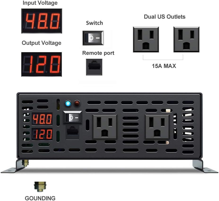 1500W 24V Pure Sine Wave Power Inverter with Remote Controller Dual AC Outlets LED Display L79513