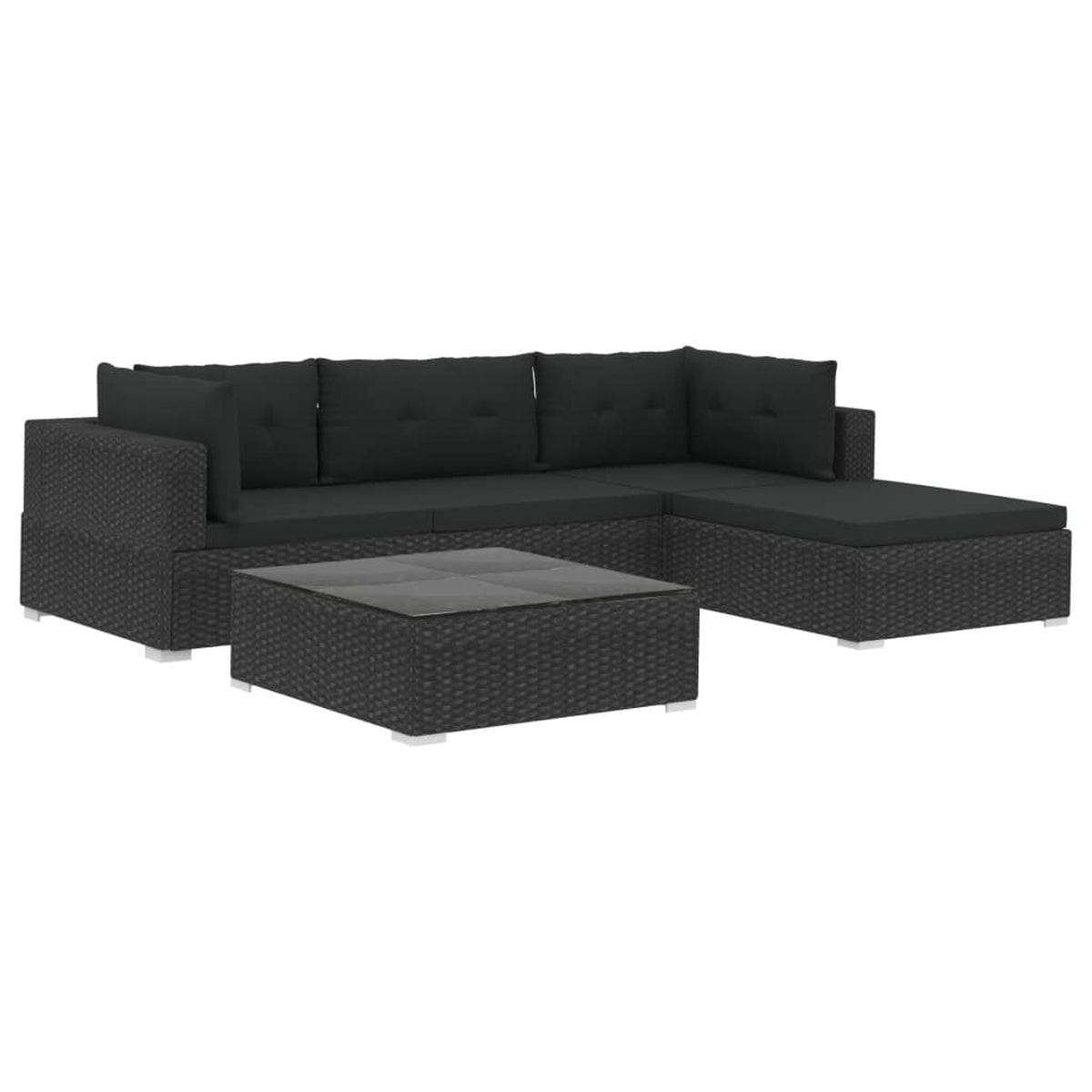 5 Piece Black Poly Rattan Outdoor Sectional Sofa Set with Tea Table and Ottoman Q891