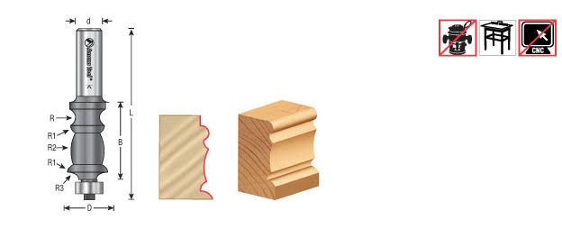 Carbide Tipped Classical Architectural Molding 9/64 x 3/32 x 3/4 x 9/32 Radius x 1 inch Dia x 1-3/4 x 1/2 Shank R4383