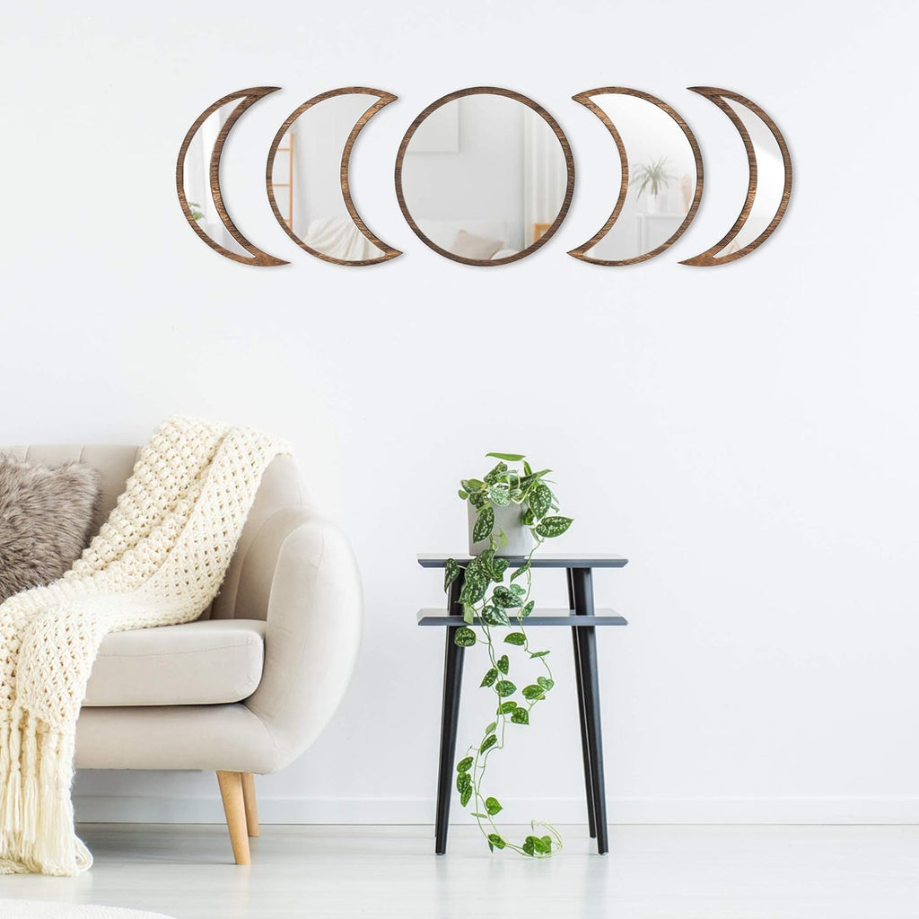 Scandinavian Moon Phase Mirror Set Glass Wood Frame Rustic White W285