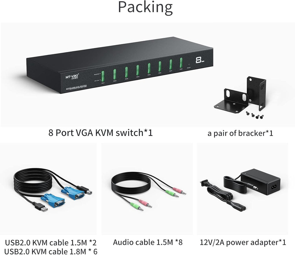 8 Port Rack Mount KVM Switch with Audio, 8 KVM Cables & 8 Audio Cables A891