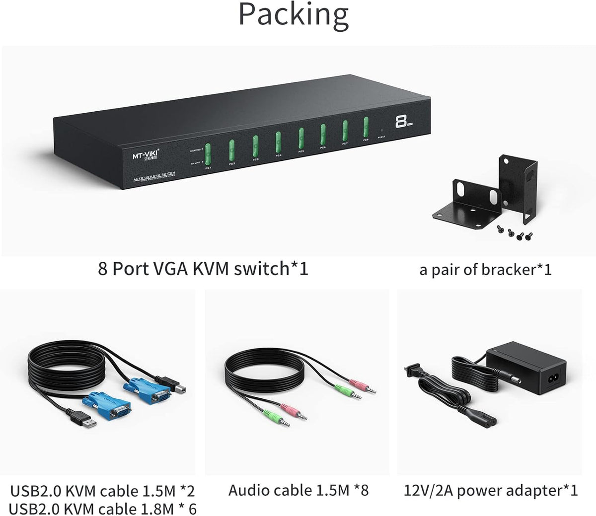 8 Port Rack Mount KVM Switch with Audio, 8 KVM Cables & 8 Audio Cables A891