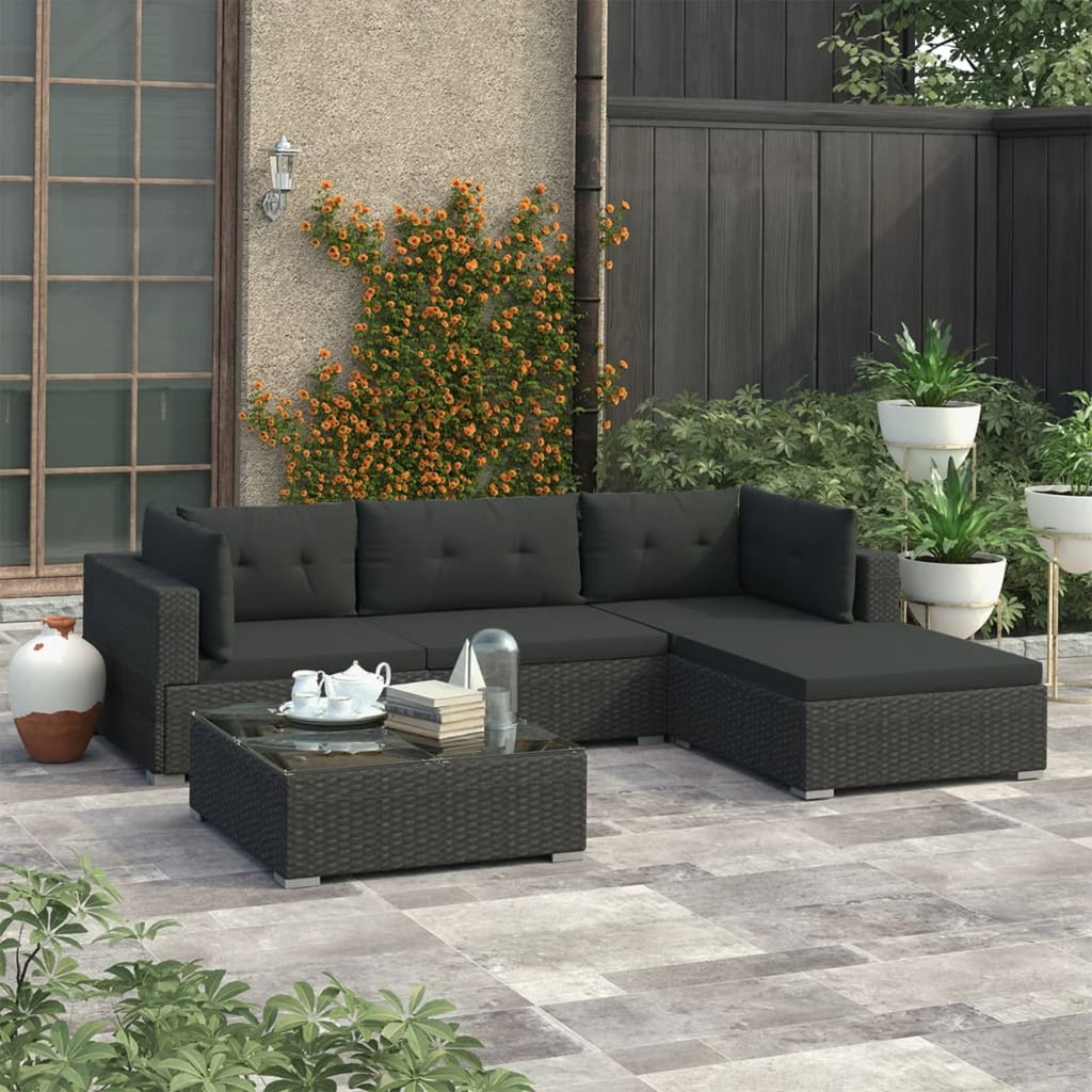 5 Piece Black Poly Rattan Outdoor Sectional Sofa Set with Tea Table and Ottoman Q891