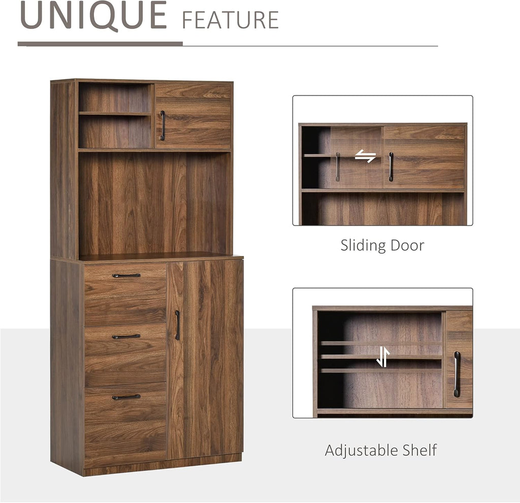 Walnut Kitchen Buffet Hutch with 3 Drawers and Sliding Door B675
