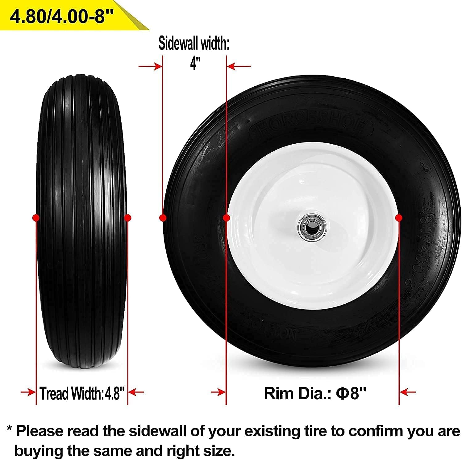 Ribbed 4.80/4.00-8 Solid Flat-Free Wheelbarrow Cart Wheel Y888510