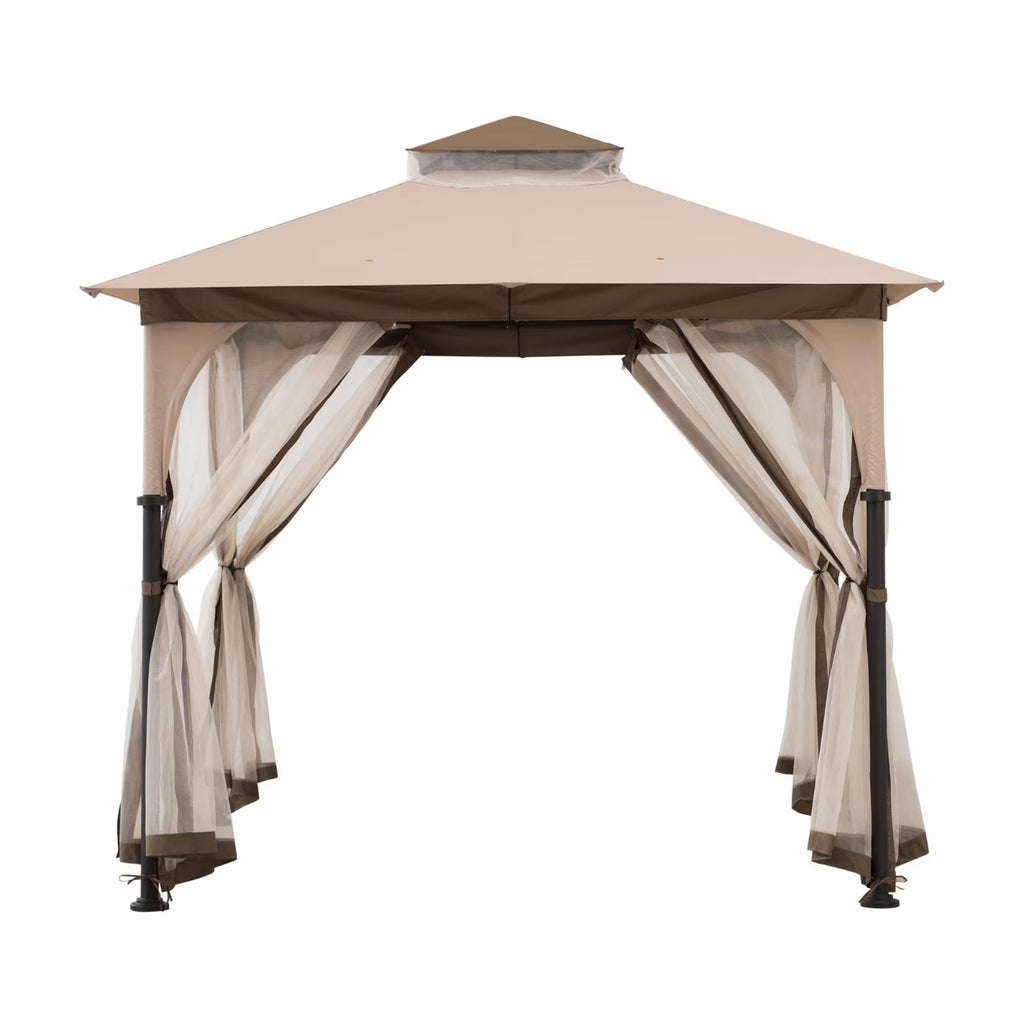 Tan and Brown Steel Frame Outdoor Patio Gazebo with Netting K222420