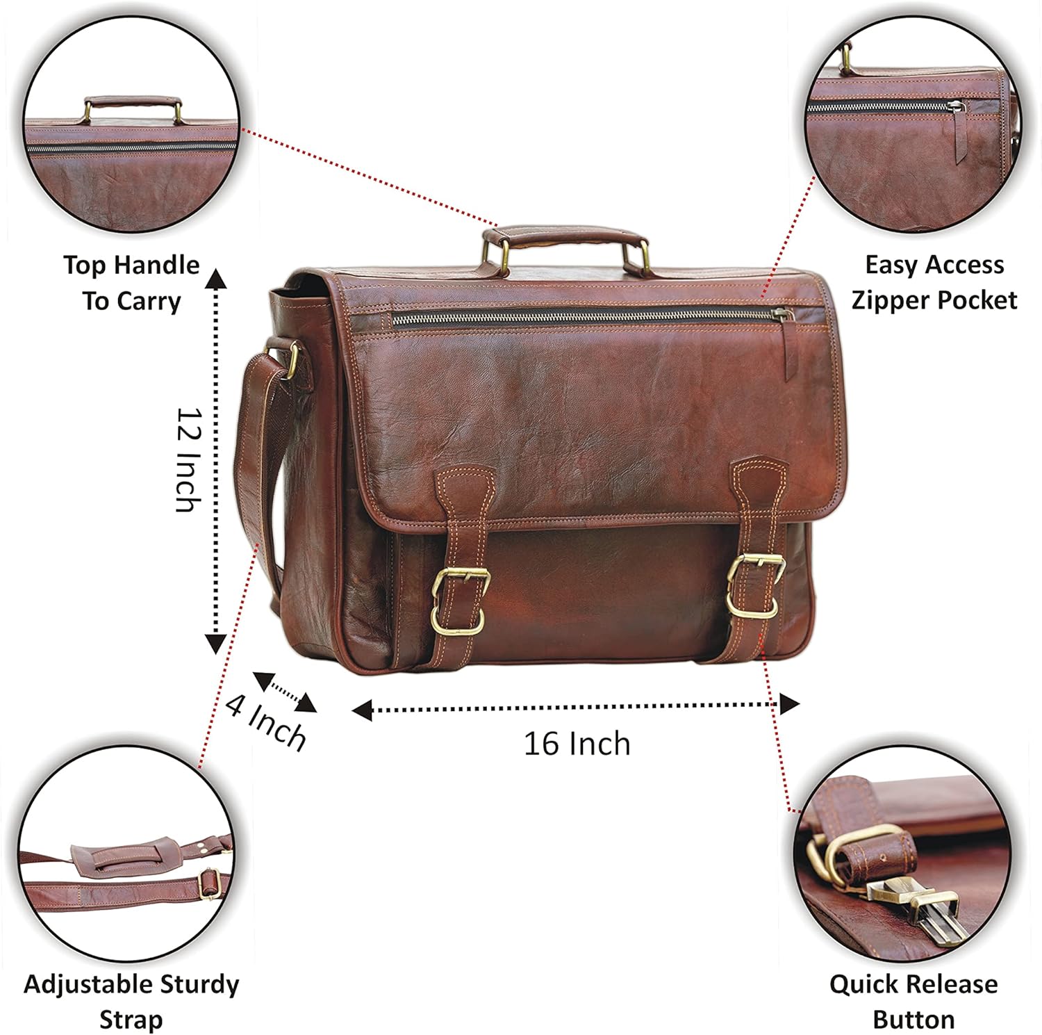 Genuine Full Grain Leather Messenger Bag Laptop Satchel Crossbody Bag, 16 Inch Brown K439831