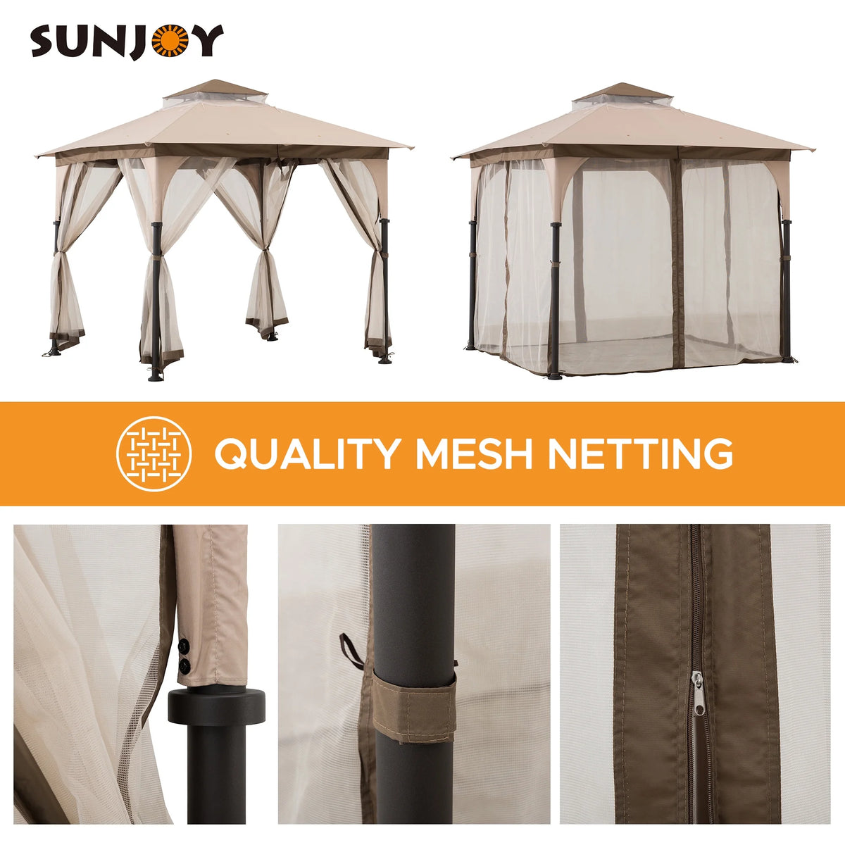 Tan and Brown Steel Frame Outdoor Patio Gazebo with Netting K222420