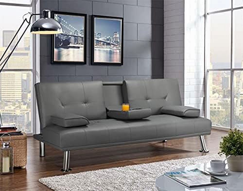 Gray Faux Leather Sofa Bed Futon with Armrest I571281