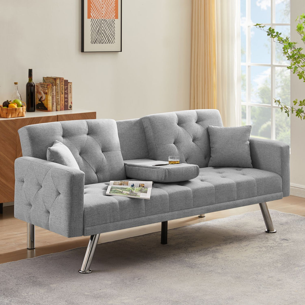 Grey Linen Convertible Sofa Bed D7099