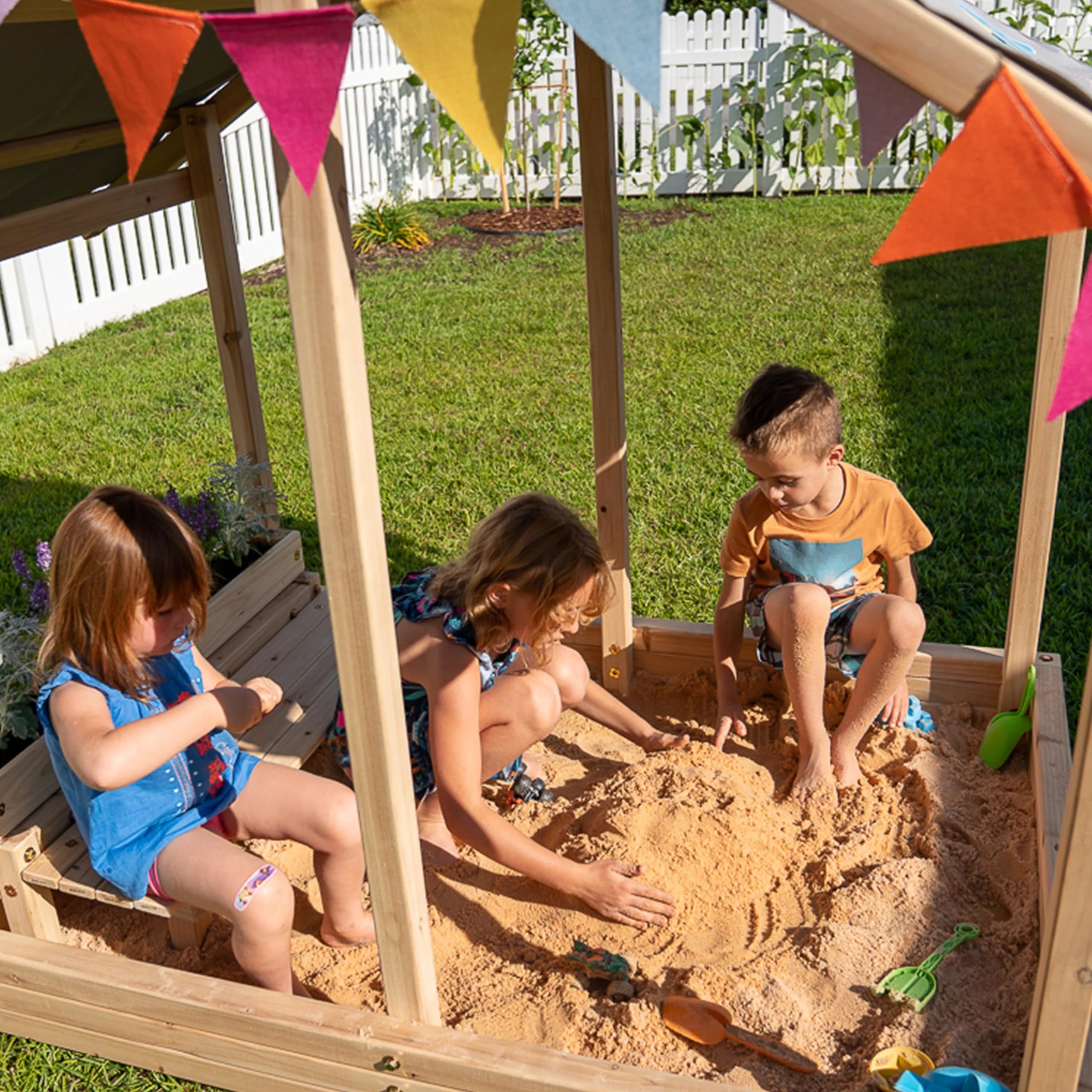 Kids Sandbox Outdoor Playset with Canopy, Bench, & Flower Planter H469174