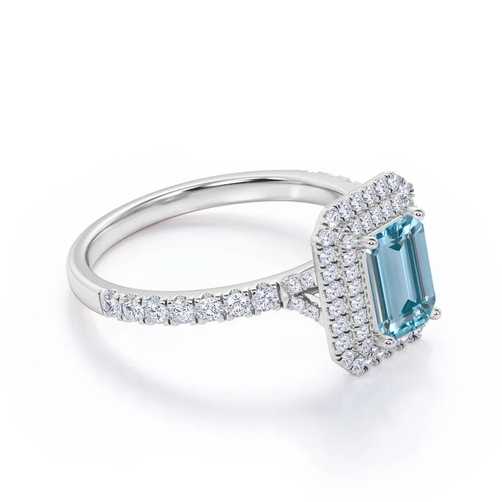 18K White Gold Plated Emerald Cut Aquamarine and Moissanite Double Halo Engagement Ring L252