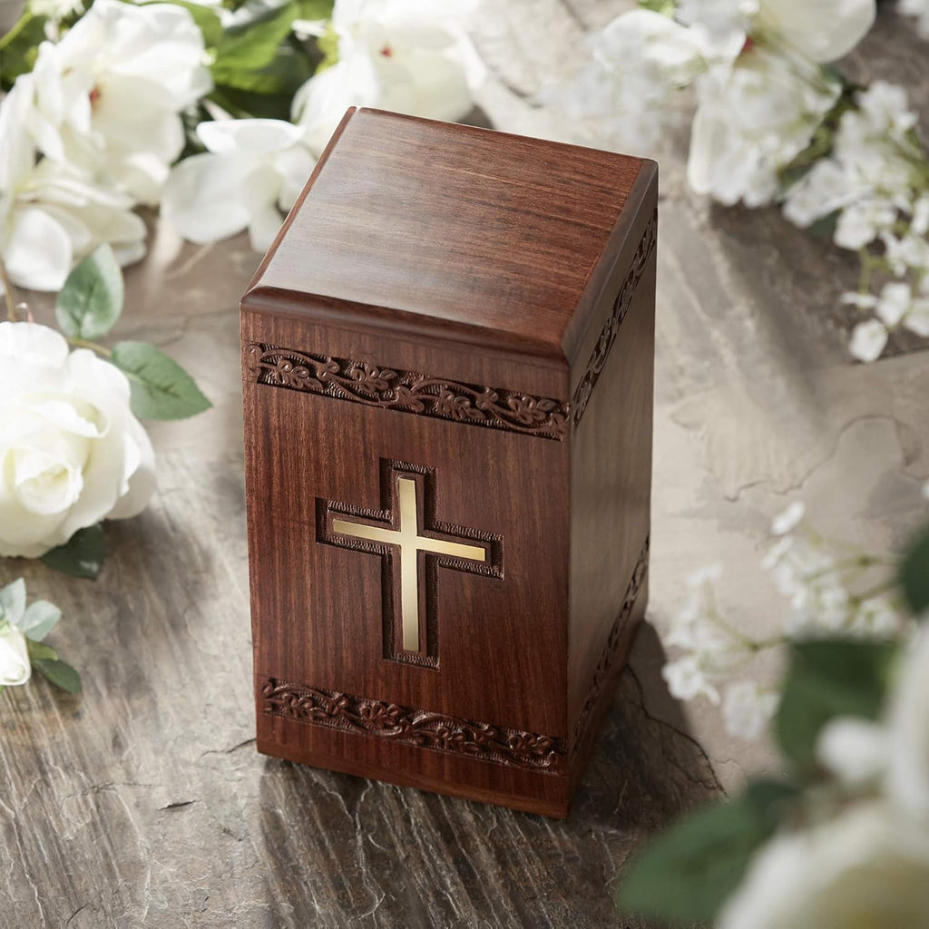 Rosewood Hand-Carved Urn Box with Solid Brass Cross, Velvet Bag W89844