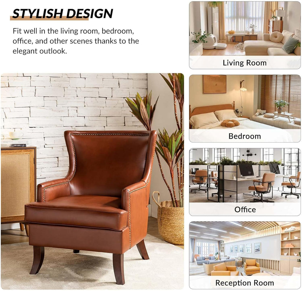 Brown Faux Leather Accent Chairs Set Of 2 With Nailhead Trim Wingback M9794