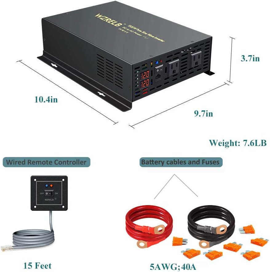 1500W 24V Pure Sine Wave Power Inverter with Remote Controller Dual AC Outlets LED Display L79513