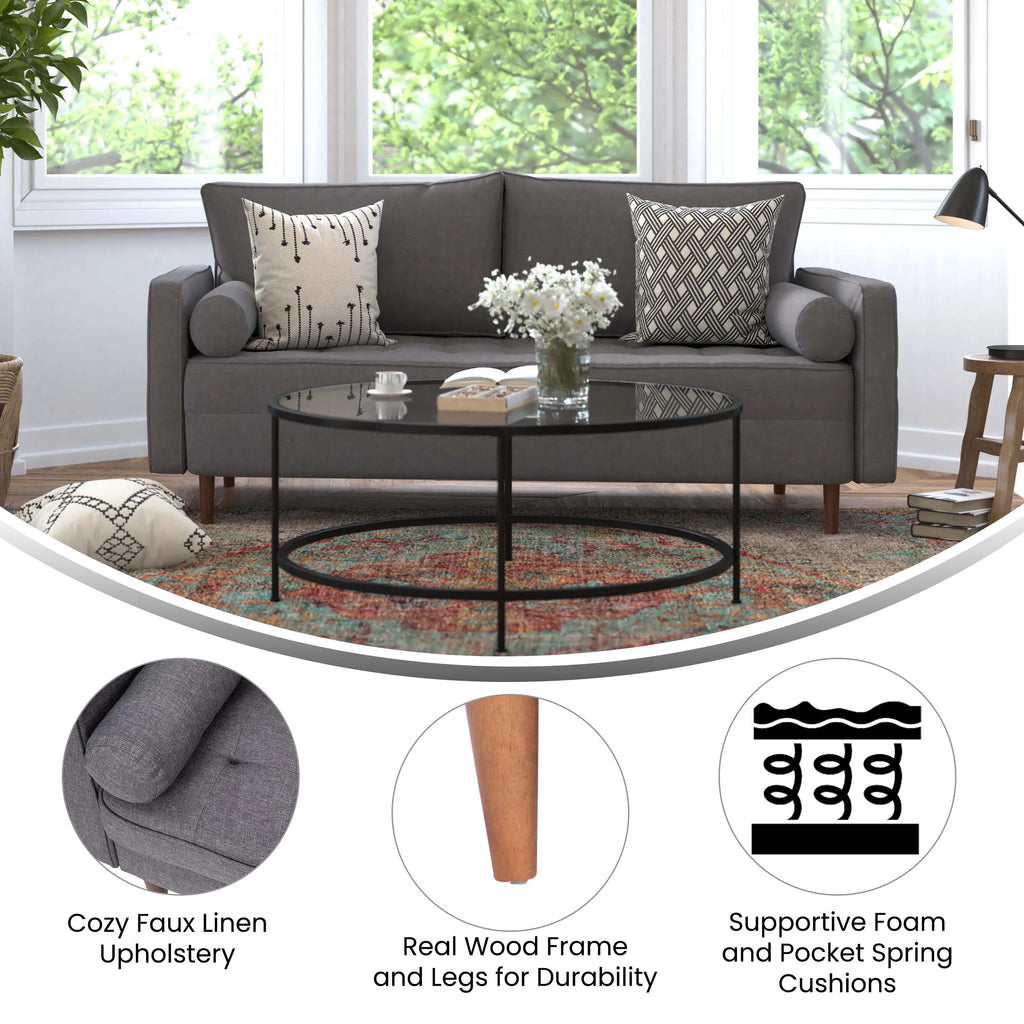 Dark Gray Tufted Faux Linen Sofa with Solid Wood Legs P188473