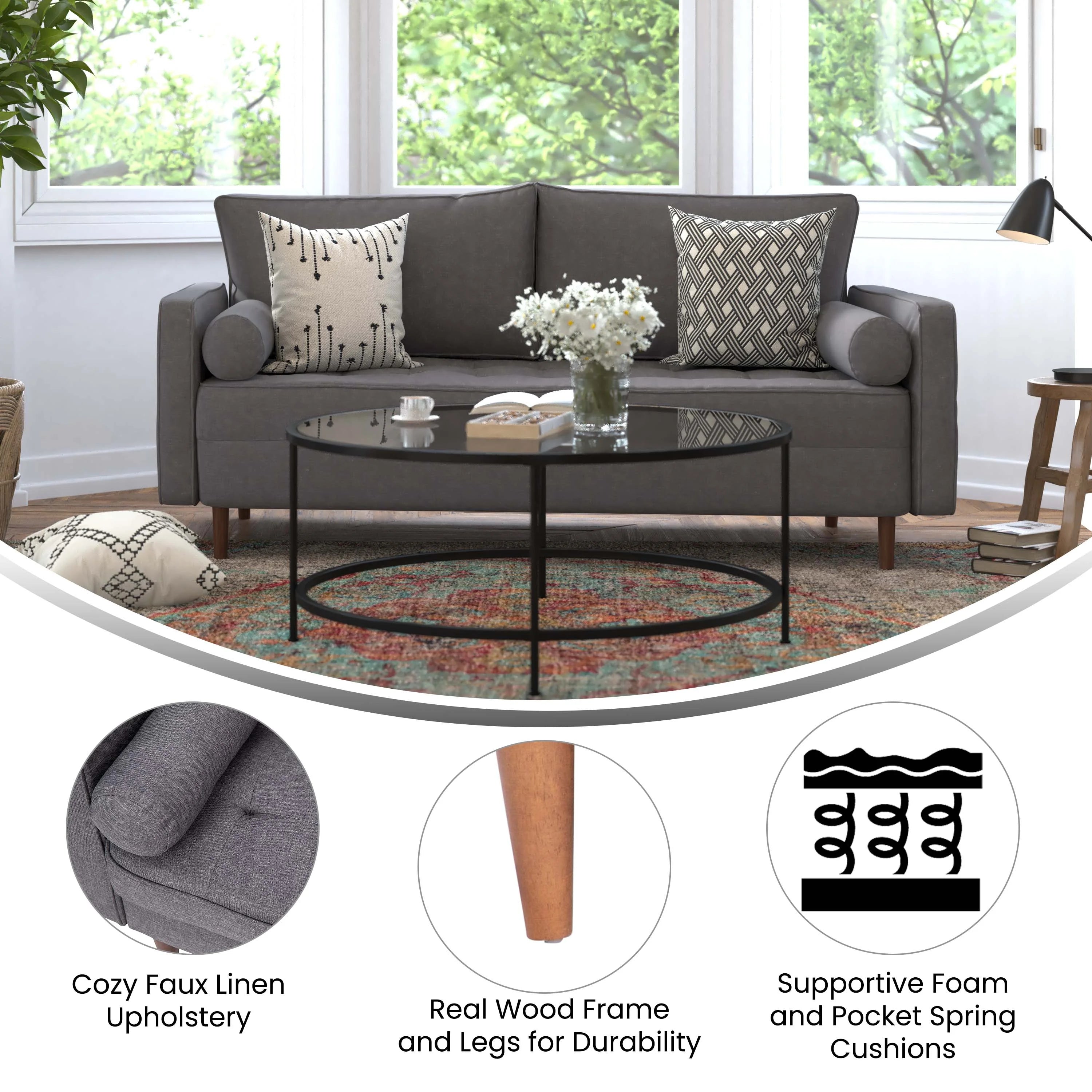 Dark Gray Tufted Faux Linen Sofa with Solid Wood Legs P188473