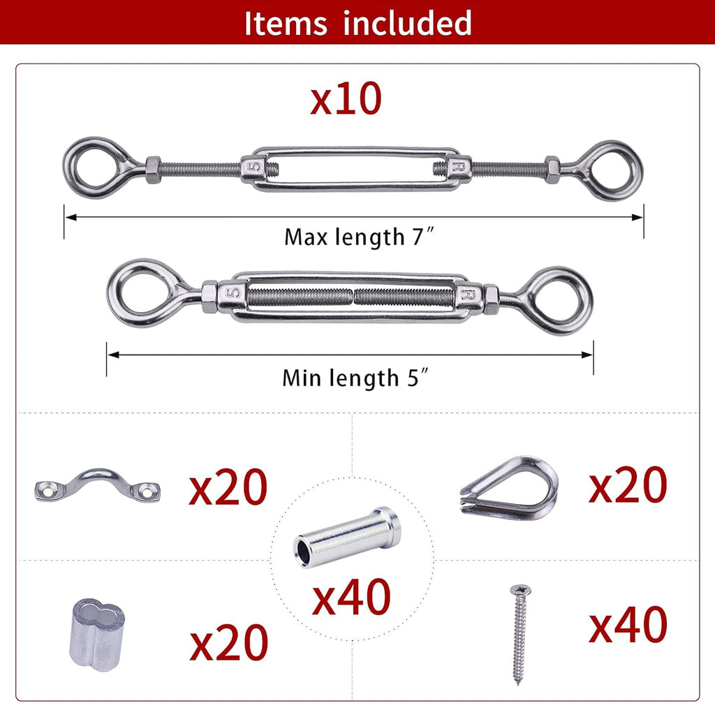 10 Set 1/8 Cable Railing Kit Hardware Heavy Duty Turnbuckle M5 Eye to Eye Stainless Steel E212210