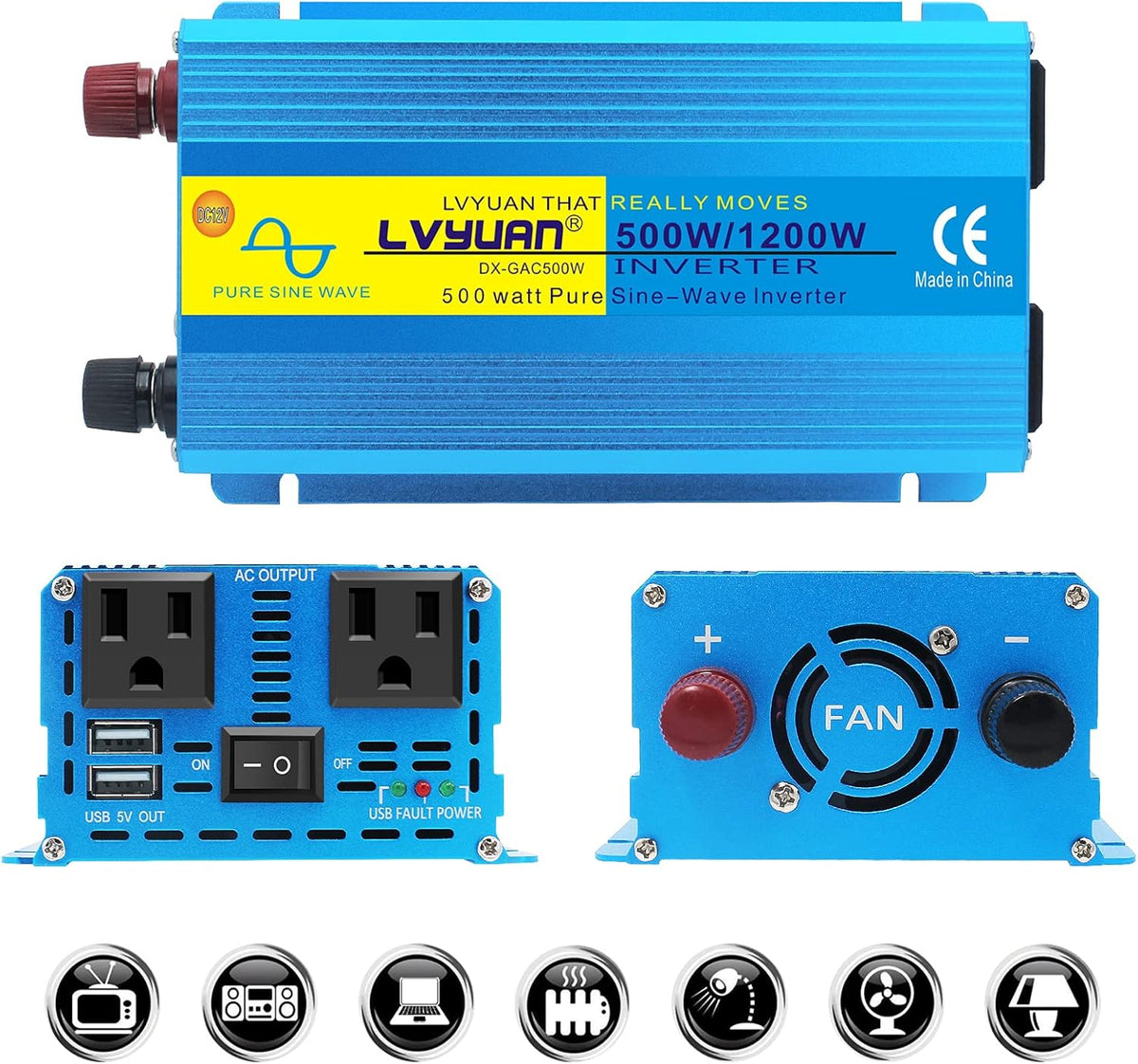 1000W Pure Sine Wave Car Power Inverter DC 12V to 110V AC with Dual AC Outlets and Dual USB Charging Ports D9242