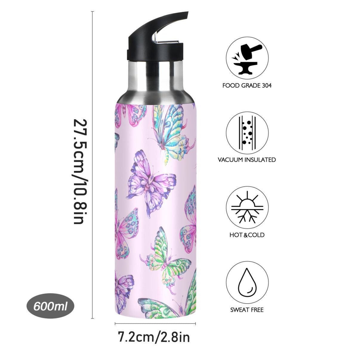 Pink Stainless Steel Insulated Water Bottle with Straw Lid L819418