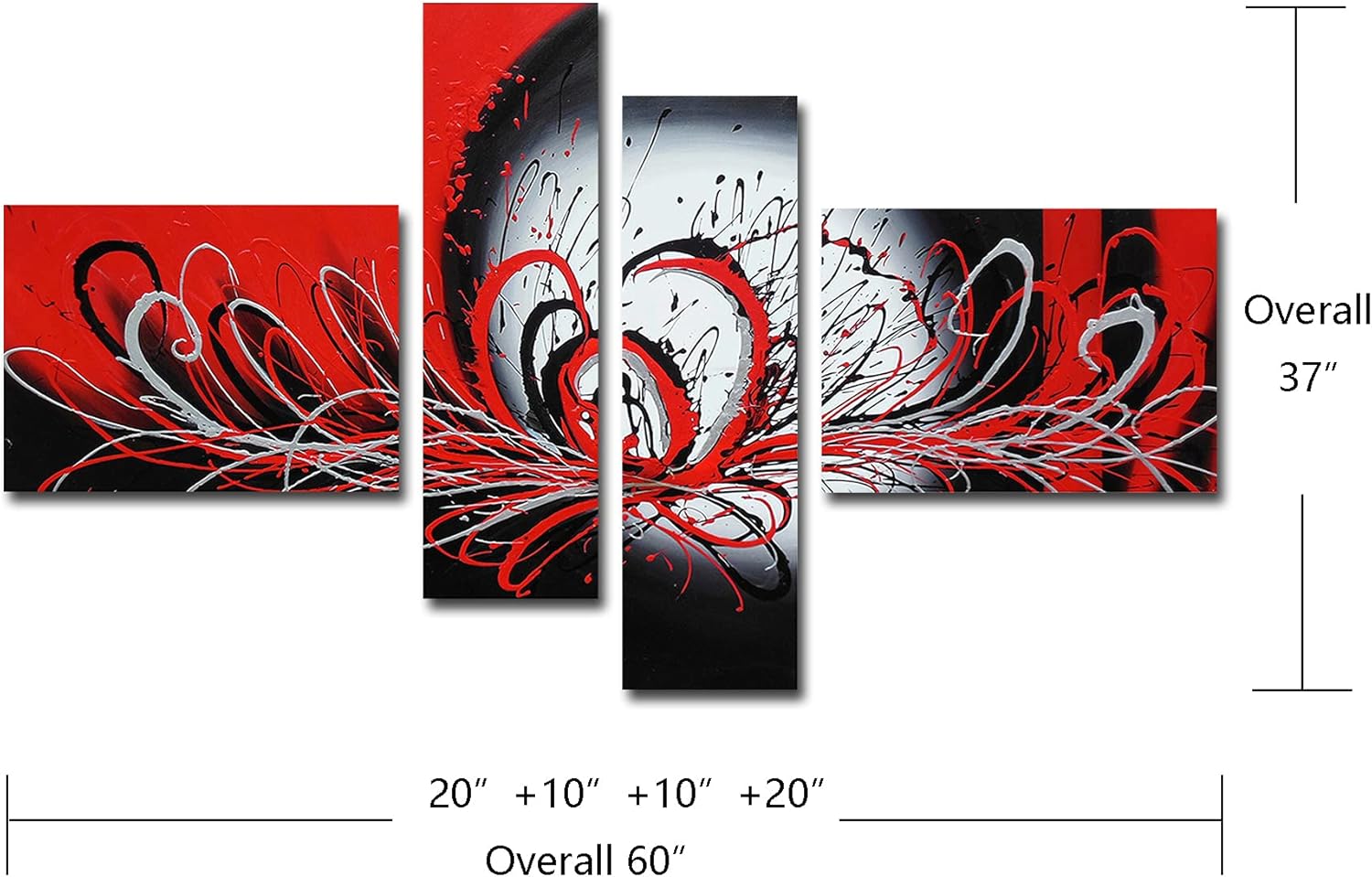 Black and Red Abstract Oil Painting on Canvas, Pack of 2 S6661