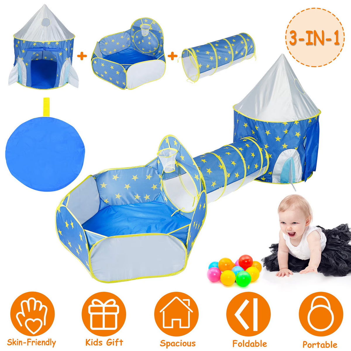 3 in 1 Foldable Kids Play Tent with Storage Bag, Blue K64685