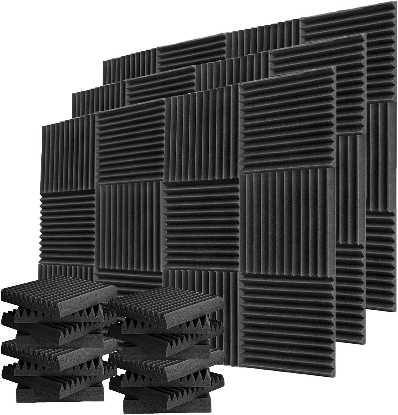 52 Pack Acoustic Foam Panels 12X12 X1 Sound Proof Noise Cancelling Foam Wedges (Black/Blue) P64540