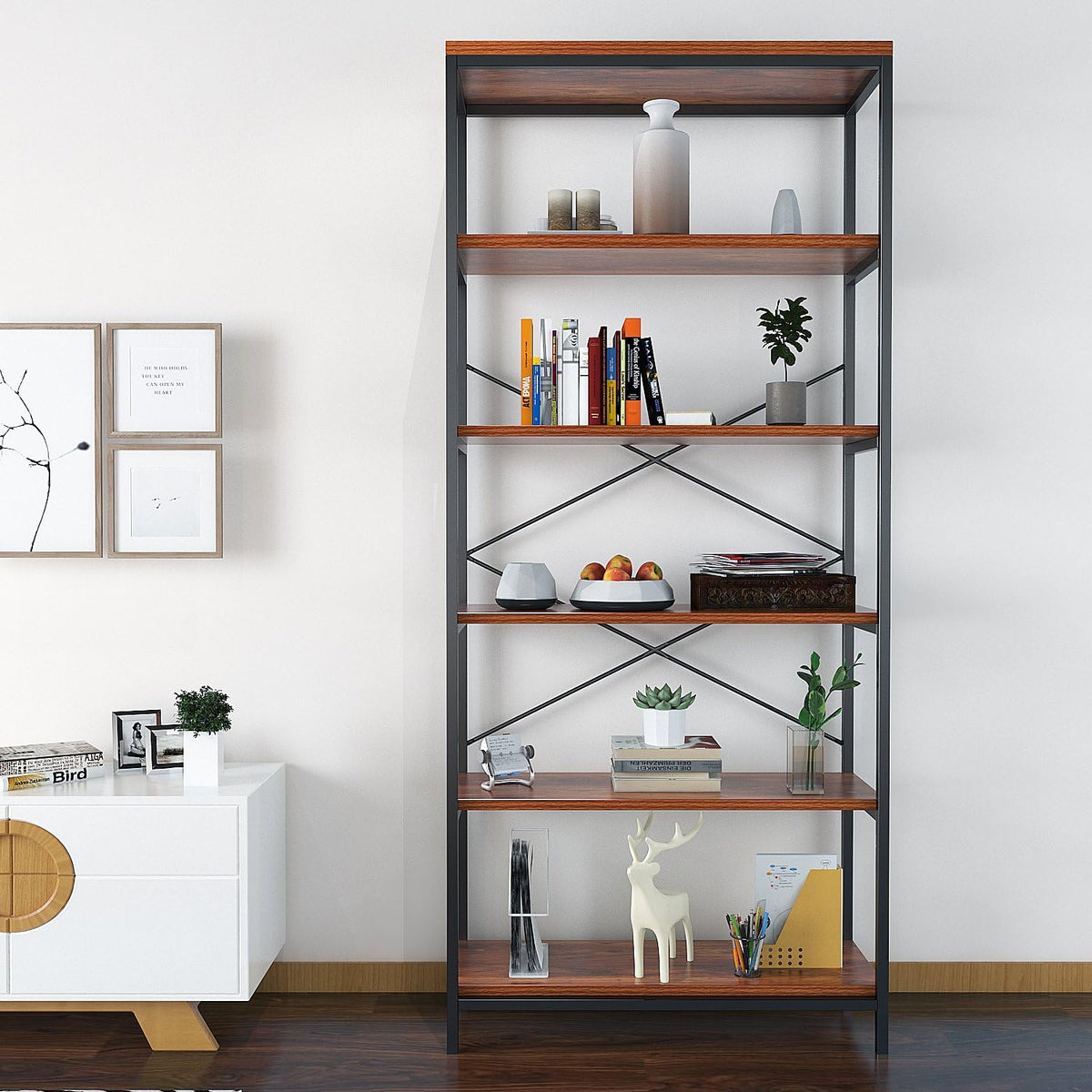 5 Shelf Metal and Wooden Bookshelf Q888