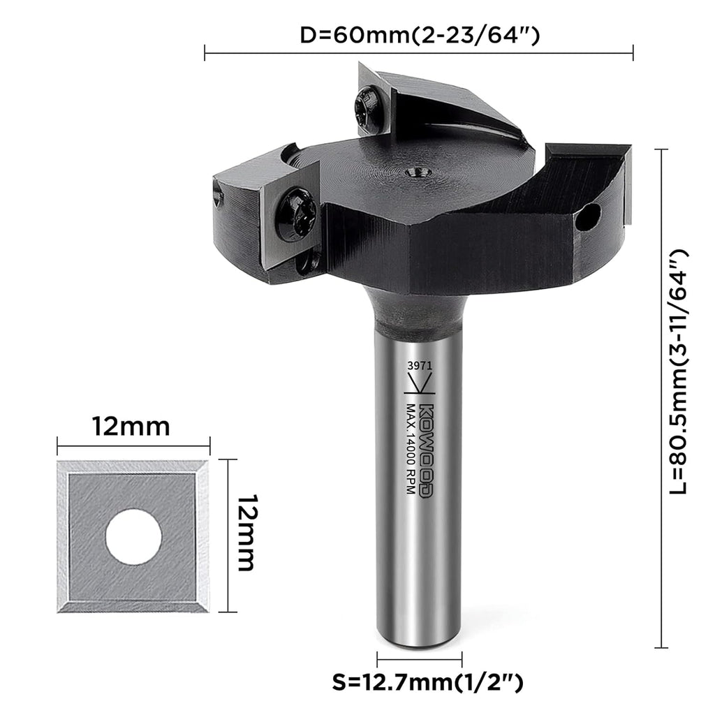 CNC Spoilboard Surfacing Router Bit, 1/2'' Shank, 2-23/64'' Cut Dia, 15/32'' Cut Length, 3 Wings, Carbide, Pack of 2 K312610