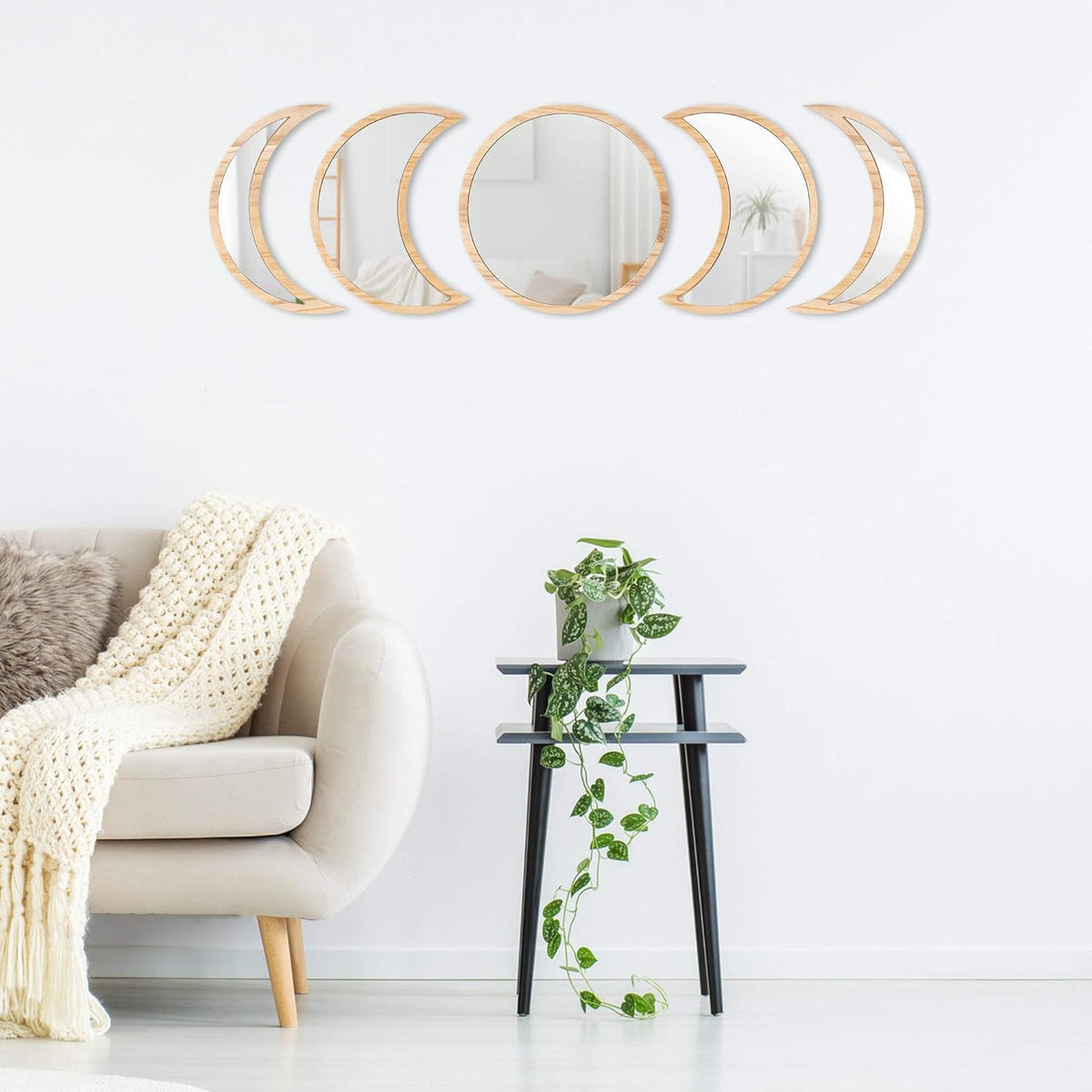Scandinavian Moon Phase Mirror Set Glass Wood Frame Rustic White W285