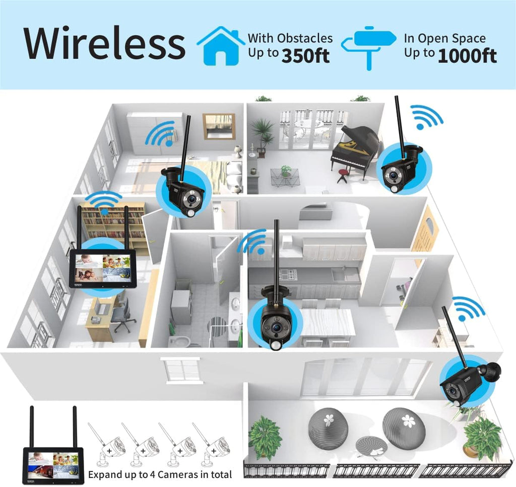 Portable LCD Security Camera System Wireless, 7" IPS Touchscreen Monitor with Battery, 4CH NVR and 4PCS 3MP Cameras with PIR Sensor, 32GB SD Card Included T2590