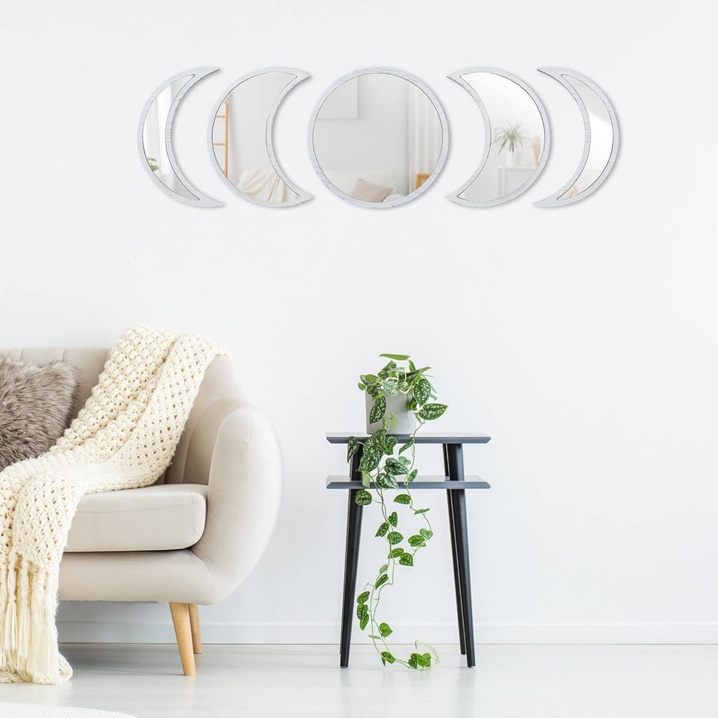Scandinavian Moon Phase Mirror Set Glass Wood Frame Rustic White W285