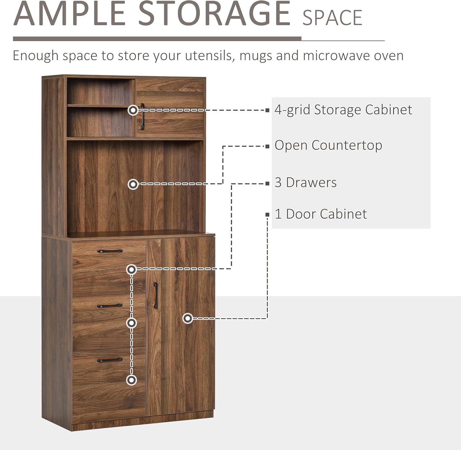 Walnut Kitchen Buffet Hutch with 3 Drawers and Sliding Door B675