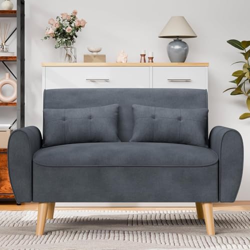 Dark Grey Linen Loveseat Sofa with 2 Pillows P744