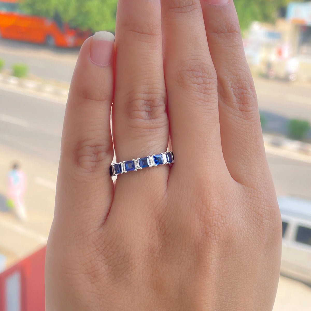 14K White Gold Princess Cut Blue Sapphire Half Eternity Ring with Diamond Z366842
