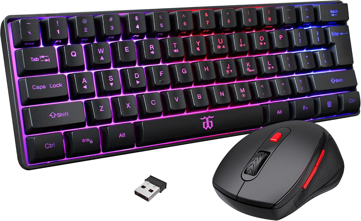 2.4G Wireless Gaming Keyboard and Mouse Combo, Mini 60% Mechanical Feel Keyboard, Ergonomic Wireless Mouse, Pack of 2 T106439