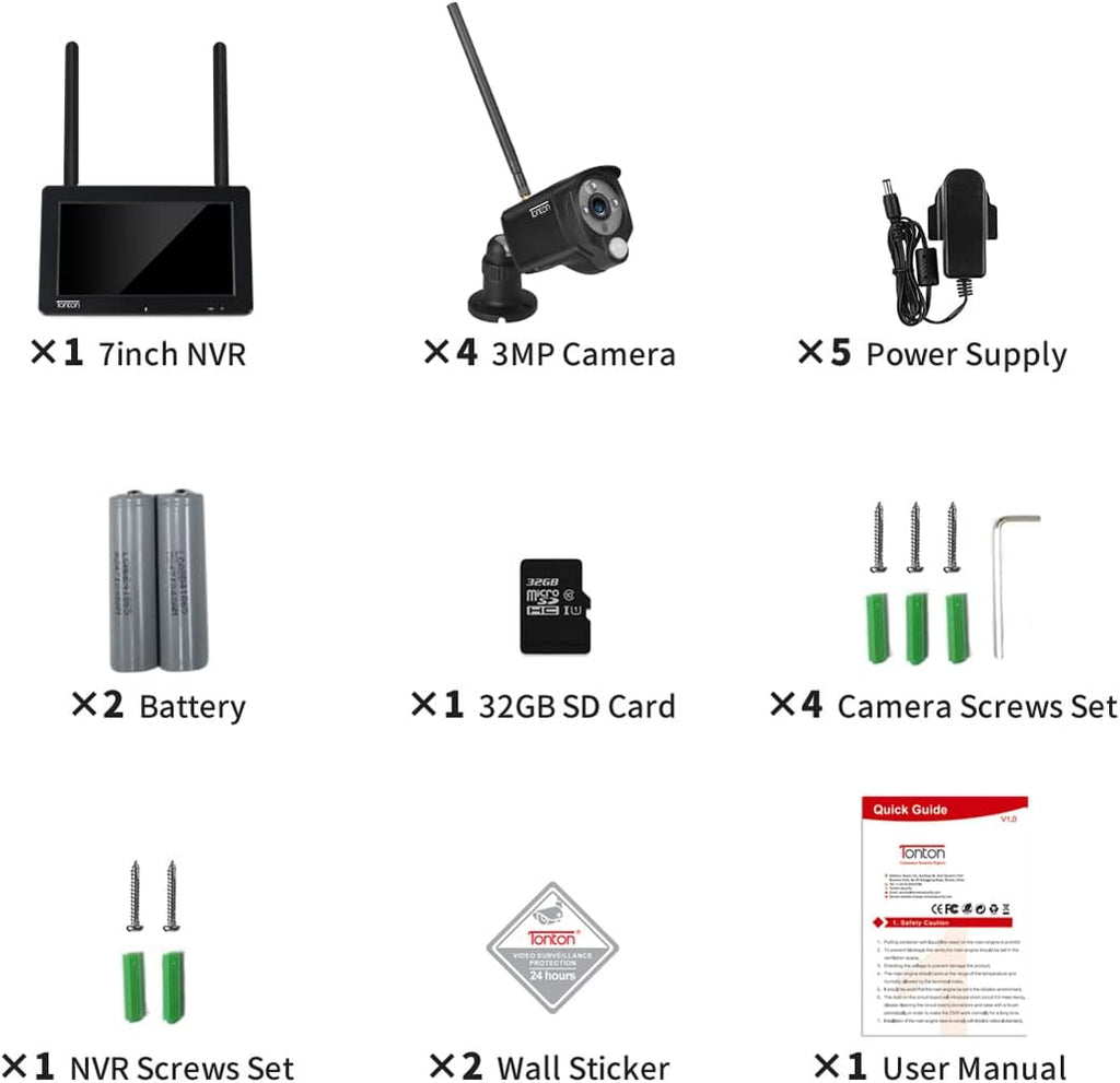 Portable LCD Security Camera System Wireless, 7" IPS Touchscreen Monitor with Battery, 4CH NVR and 4PCS 3MP Cameras with PIR Sensor, 32GB SD Card Included T2590