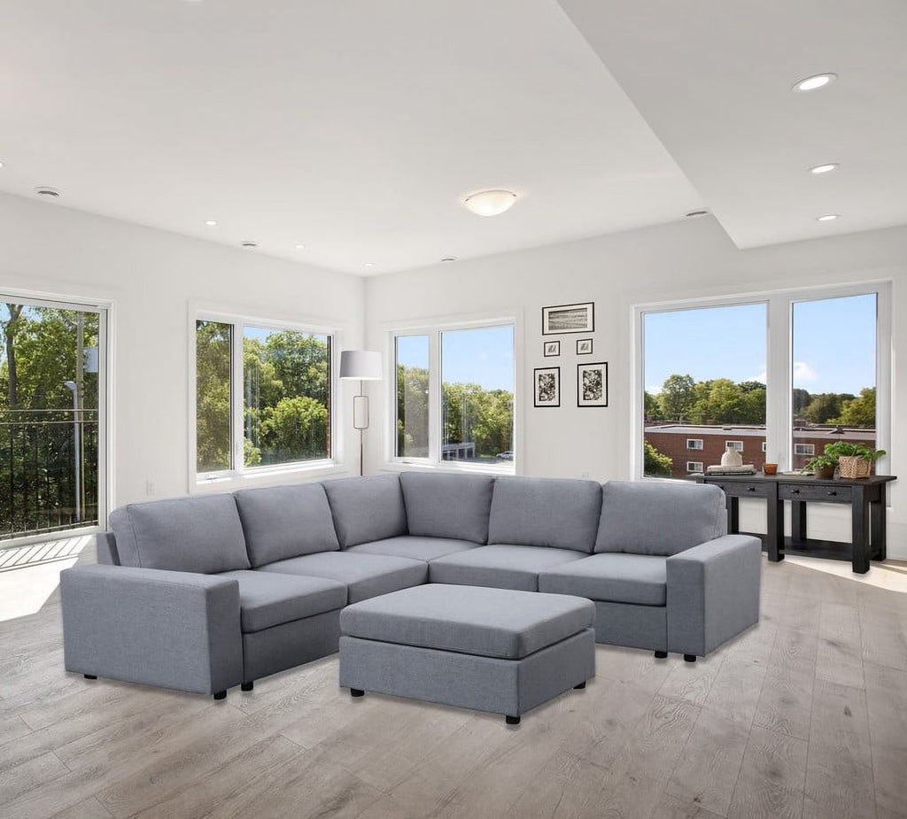 Light Gray Linen Fabric 6 Seat Modular Sectional Sofa P226