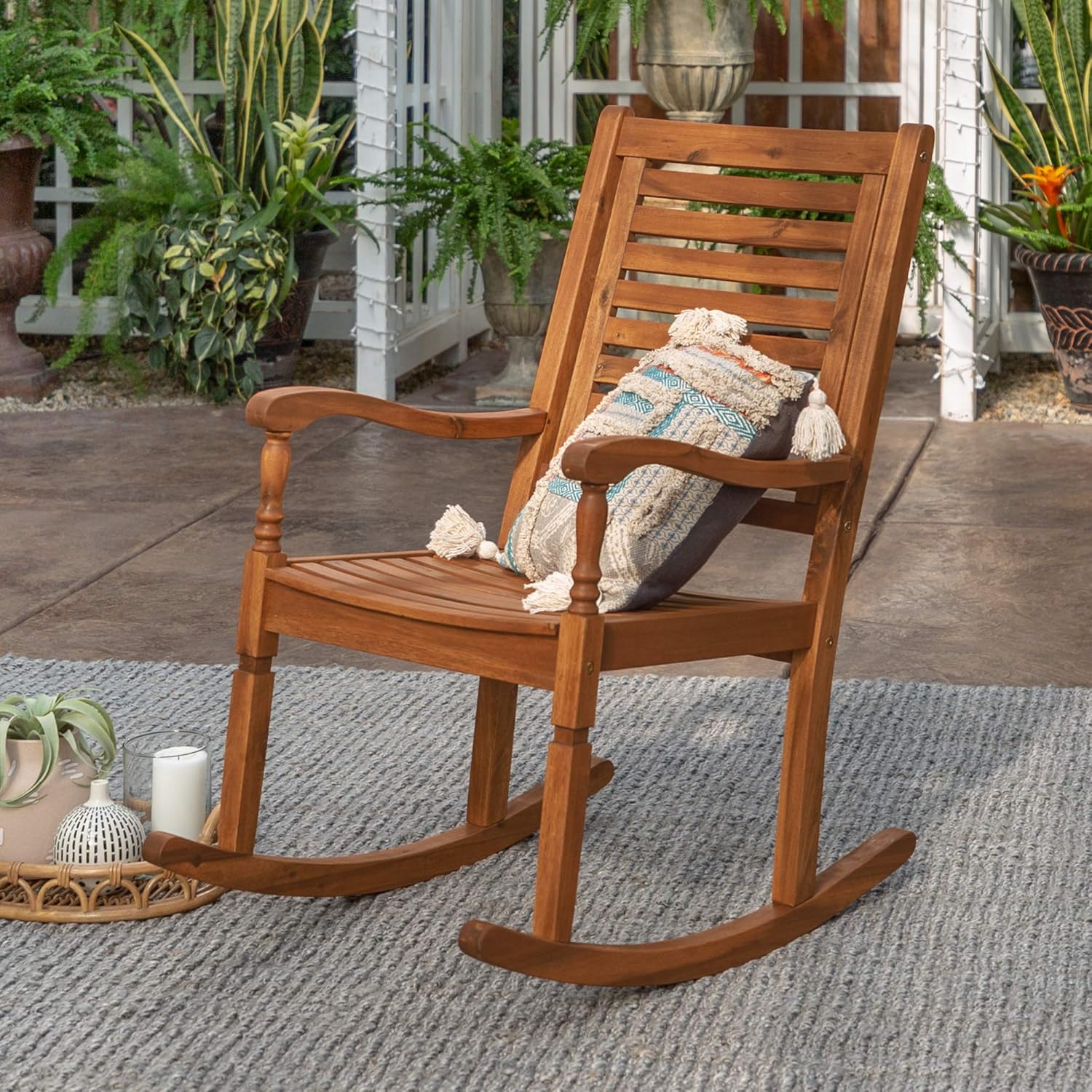Brown Acacia Wood Slat Back Patio Rocking Chair J17710