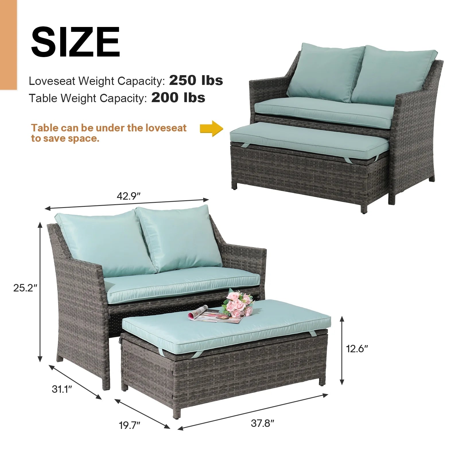 Grey Rattan 2-Piece Outdoor Patio Furniture Set with Green Cushions W27994