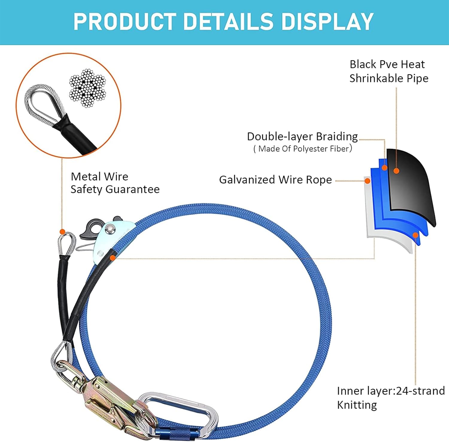 Blue Adjustable Tree Lanyard with Double Lock Carabiner, Pack of 2 F415553